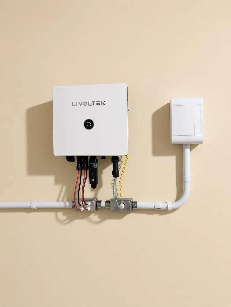 Inversor Livoltek de 6 kW instalado na parede, com a caixa de proteção ao lado